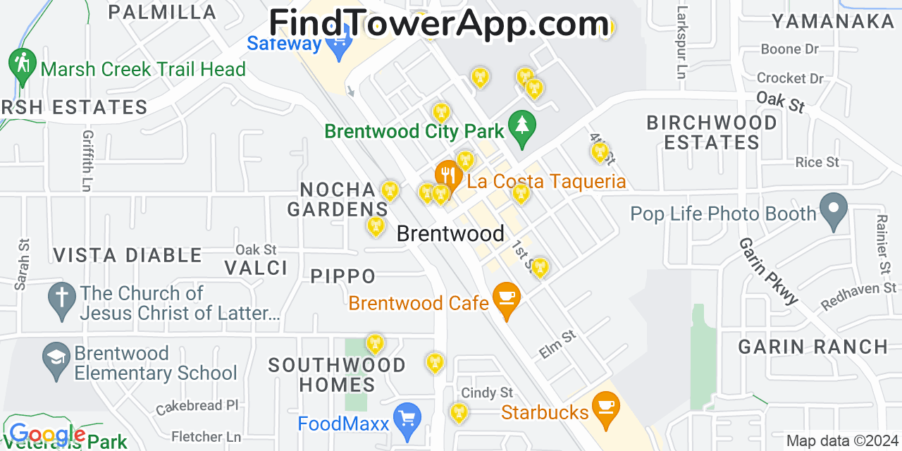 AT&T 4G/5G cell tower coverage map Brentwood, California