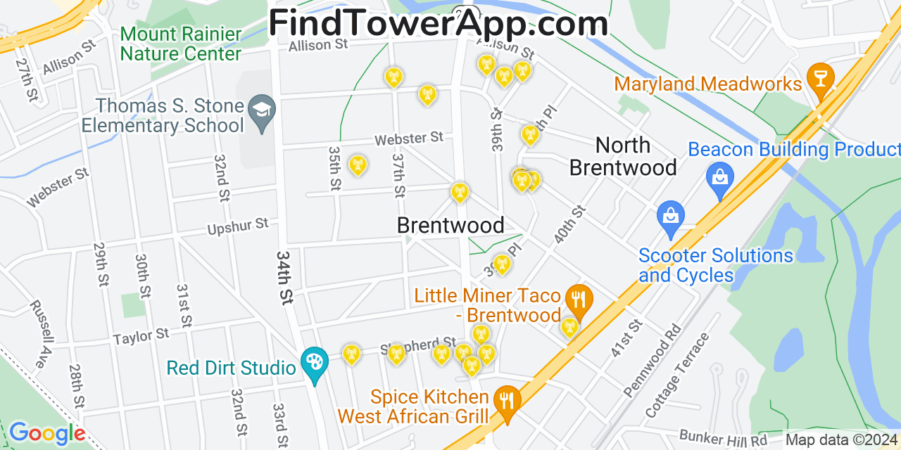 AT&T 4G/5G cell tower coverage map Brentwood, Maryland