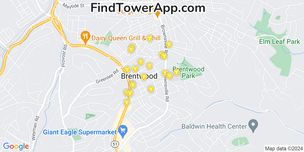 AT&T 4G/5G cell tower coverage map Brentwood, Pennsylvania