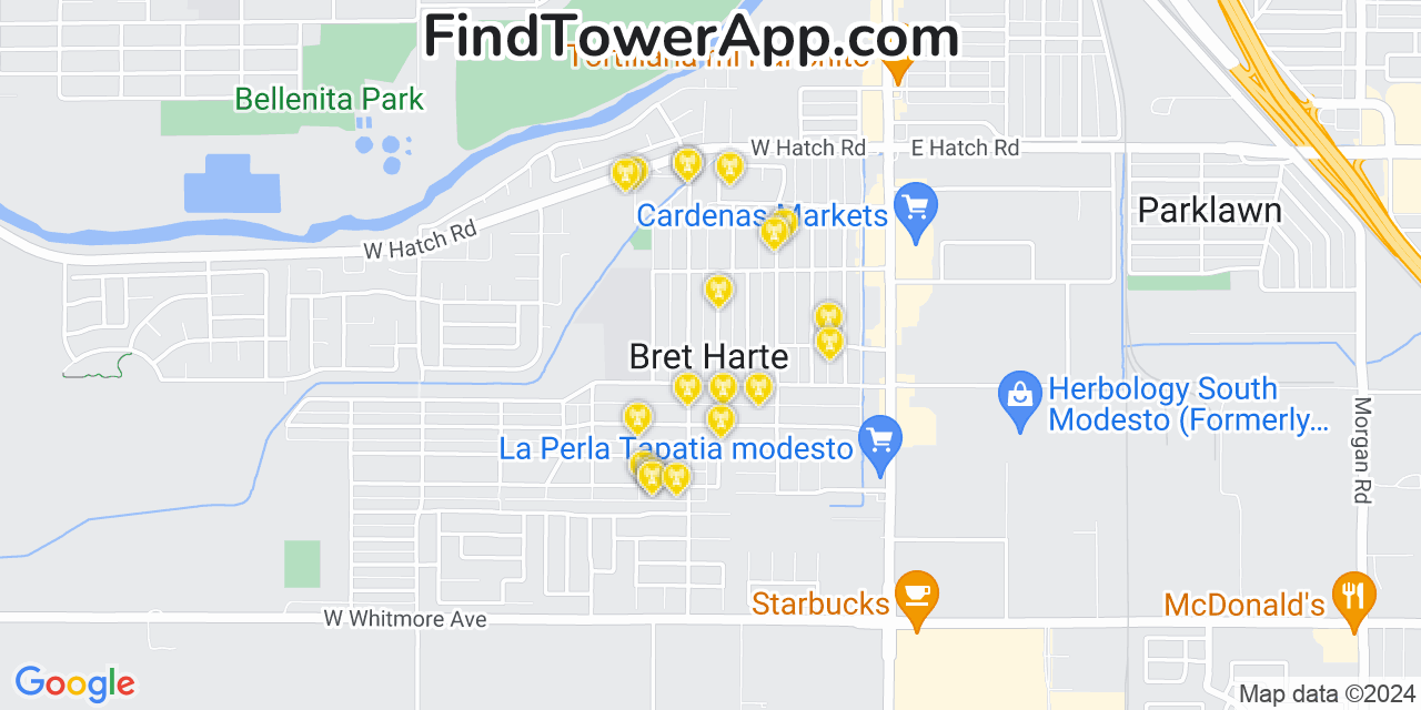 AT&T 4G/5G cell tower coverage map Bret Harte, California