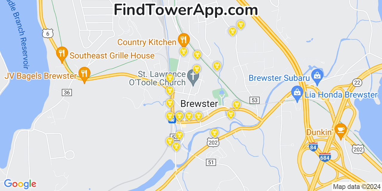 AT&T 4G/5G cell tower coverage map Brewster, New York