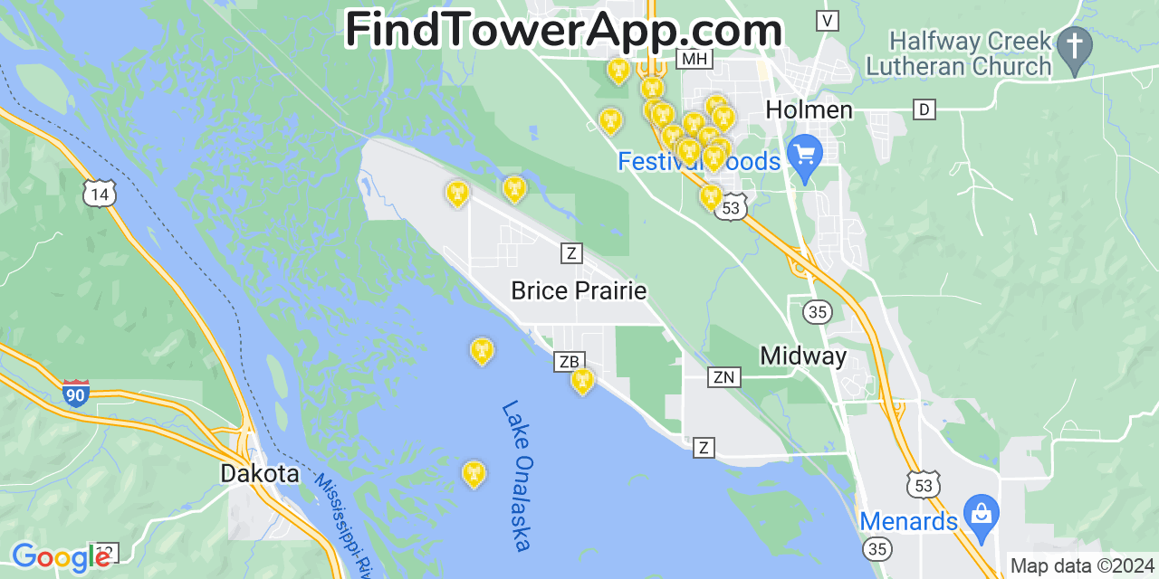 Verizon 4G/5G cell tower coverage map Brice Prairie, Wisconsin