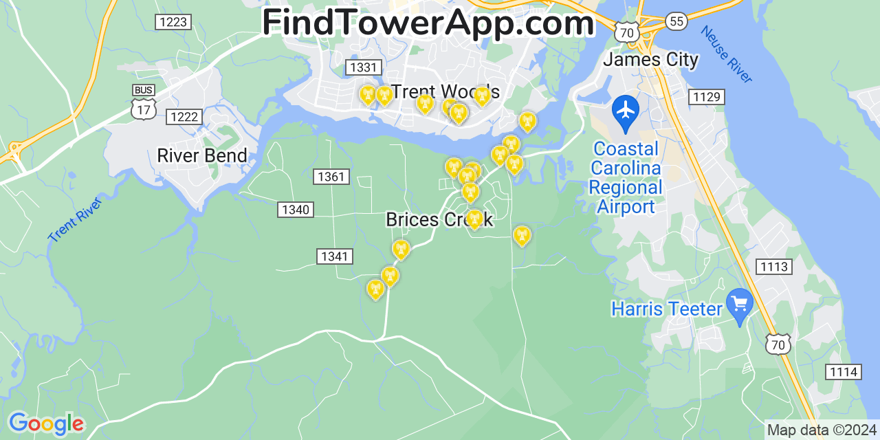Verizon 4G/5G cell tower coverage map Brices Creek, North Carolina