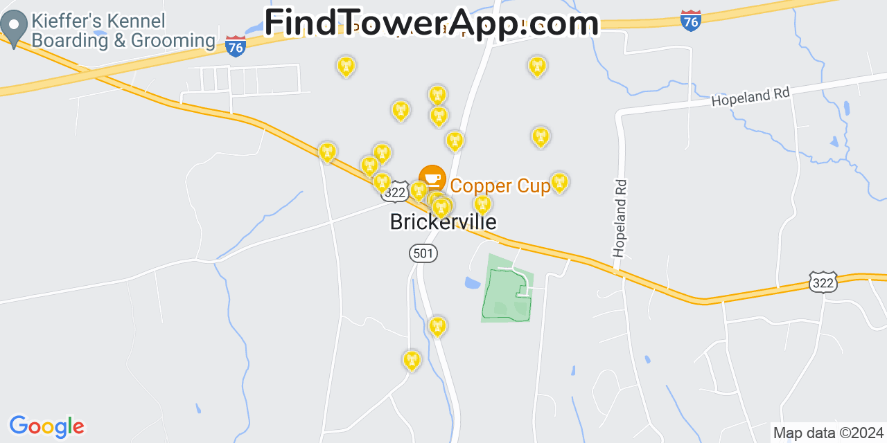 AT&T 4G/5G cell tower coverage map Brickerville, Pennsylvania