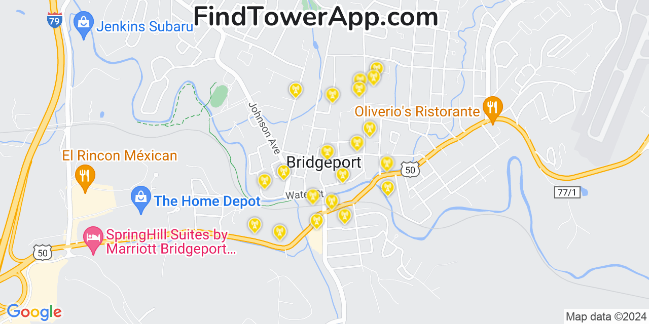AT&T 4G/5G cell tower coverage map Bridgeport, West Virginia