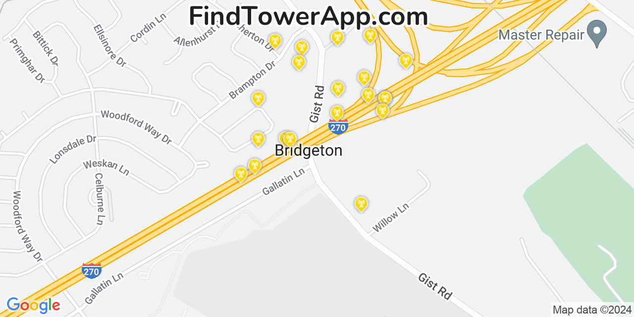 AT&T 4G/5G cell tower coverage map Bridgeton, Missouri