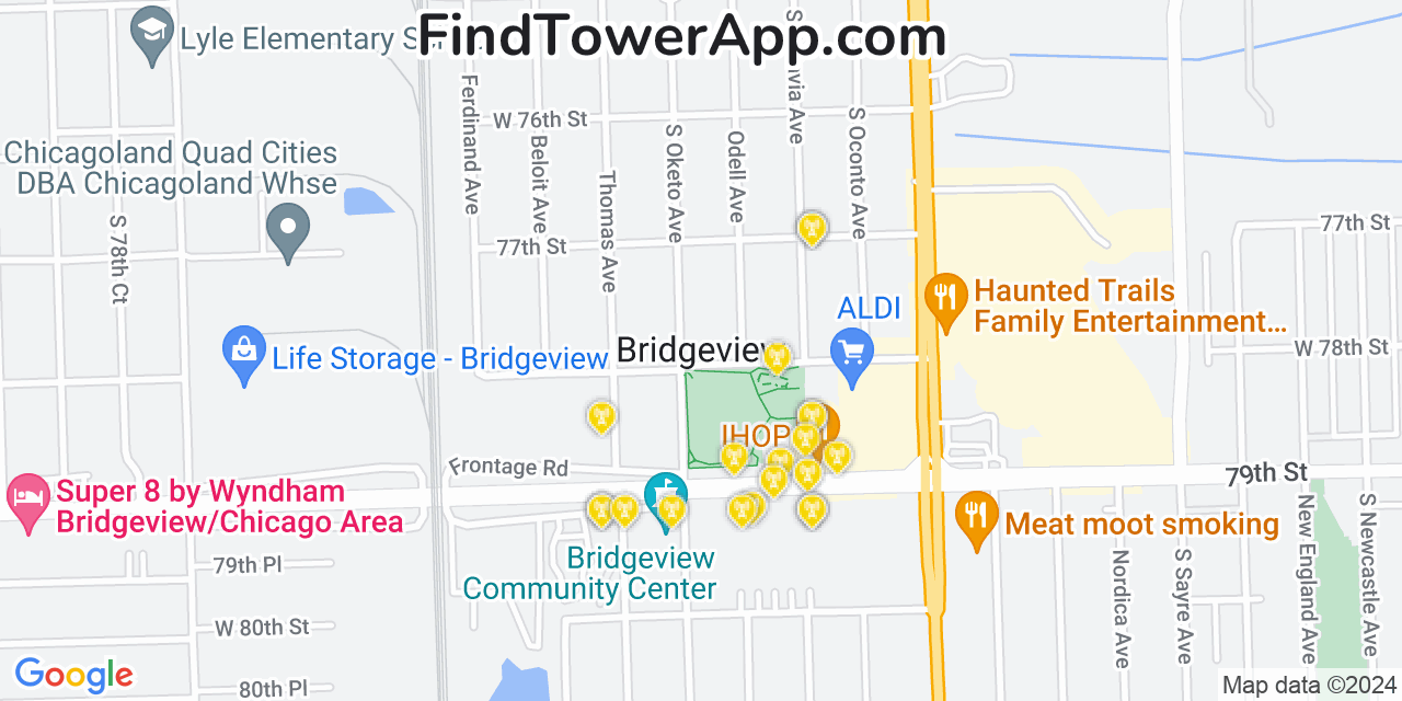 AT&T 4G/5G cell tower coverage map Bridgeview, Illinois