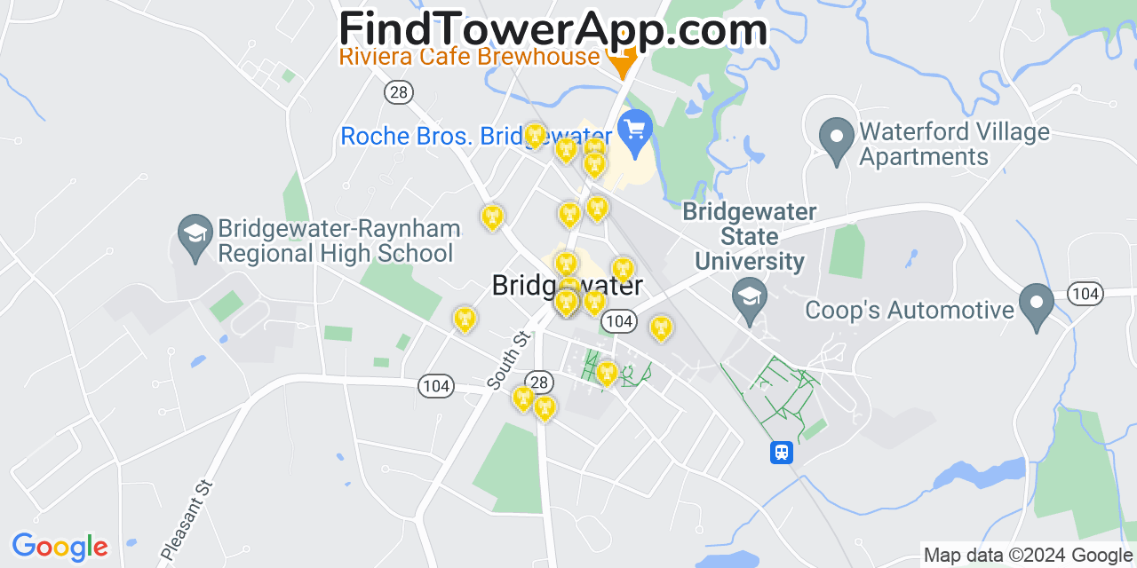 AT&T 4G/5G cell tower coverage map Bridgewater, Massachusetts