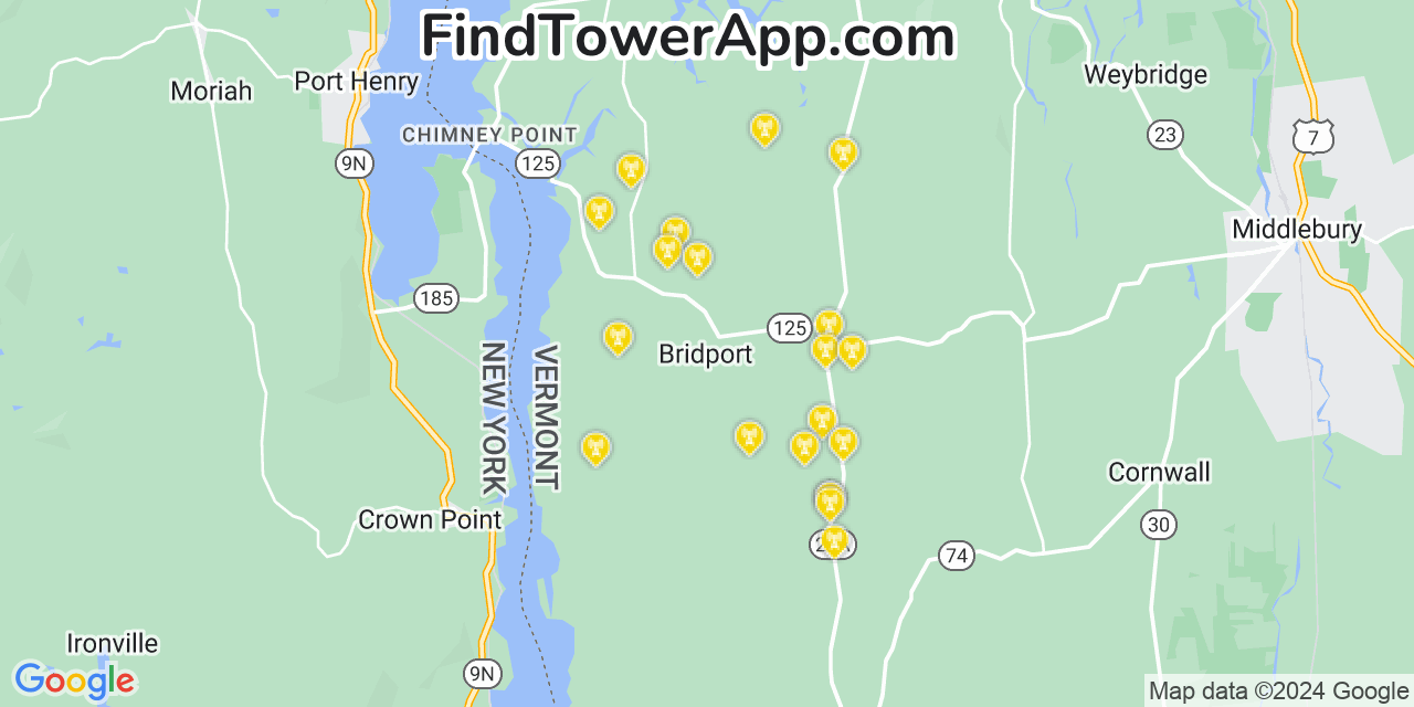 AT&T 4G/5G cell tower coverage map Bridport, Vermont
