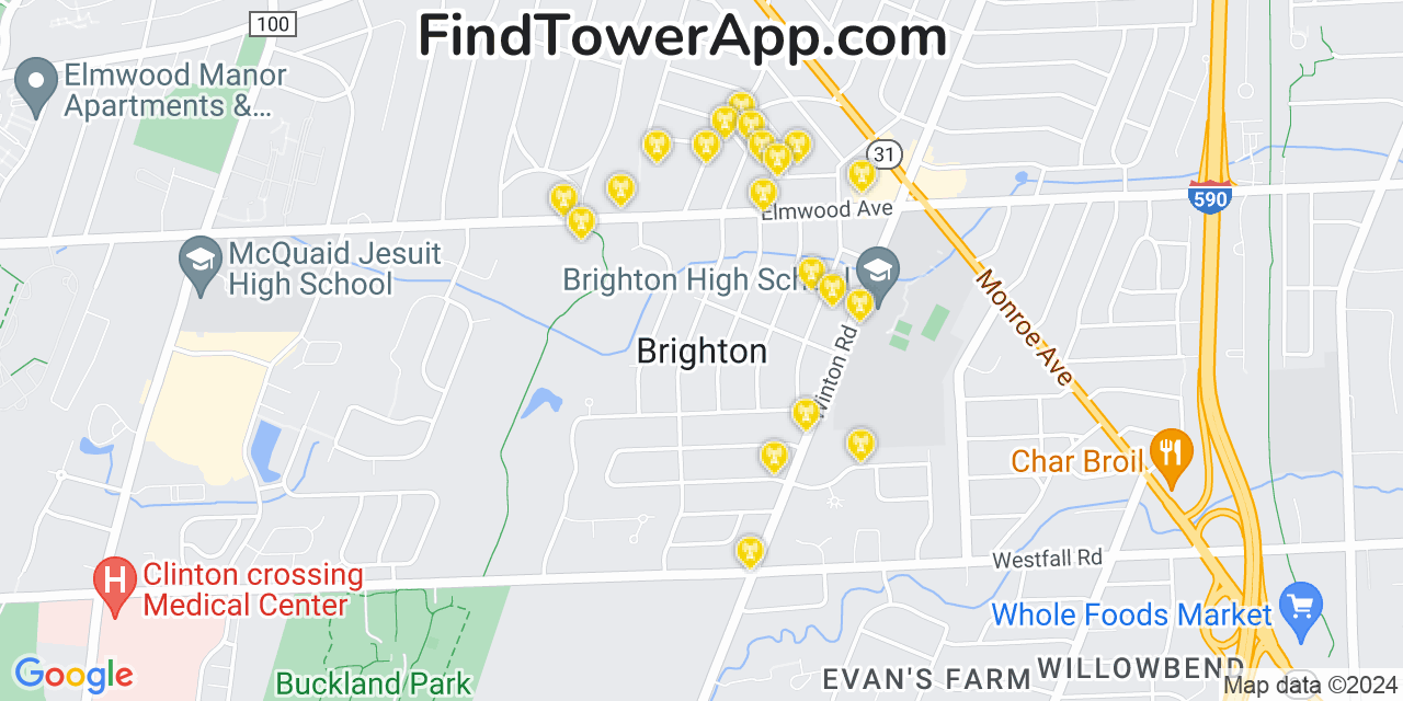 AT&T 4G/5G cell tower coverage map Brighton, New York