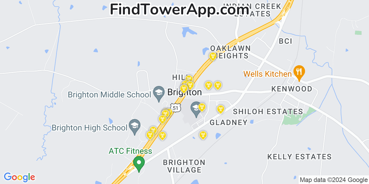AT&T 4G/5G cell tower coverage map Brighton, Tennessee