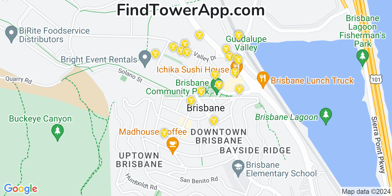 AT&T 4G/5G cell tower coverage map Brisbane, California
