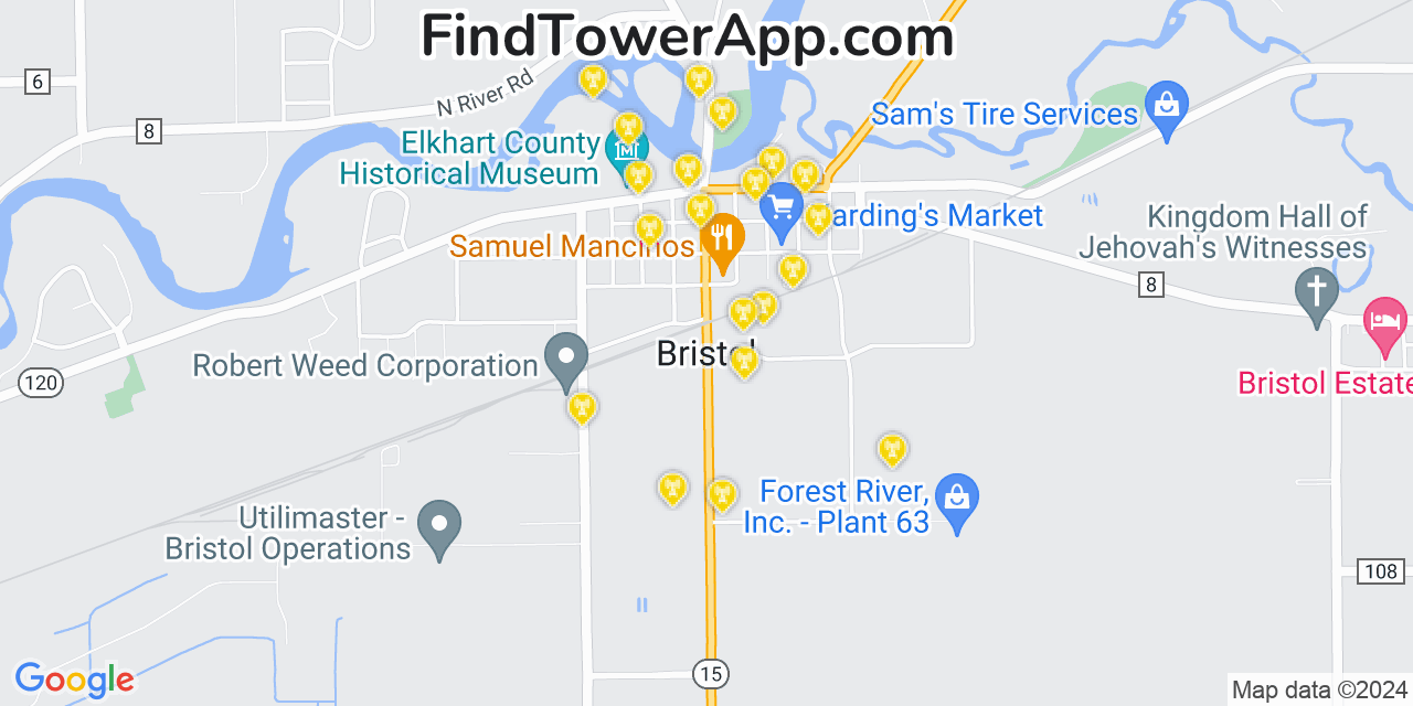 AT&T 4G/5G cell tower coverage map Bristol, Indiana