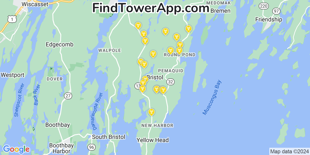 AT&T 4G/5G cell tower coverage map Bristol, Maine