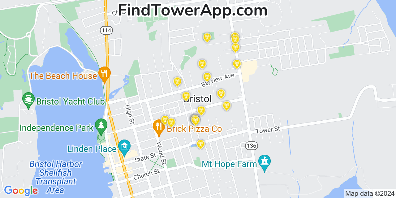 AT&T 4G/5G cell tower coverage map Bristol, Rhode Island