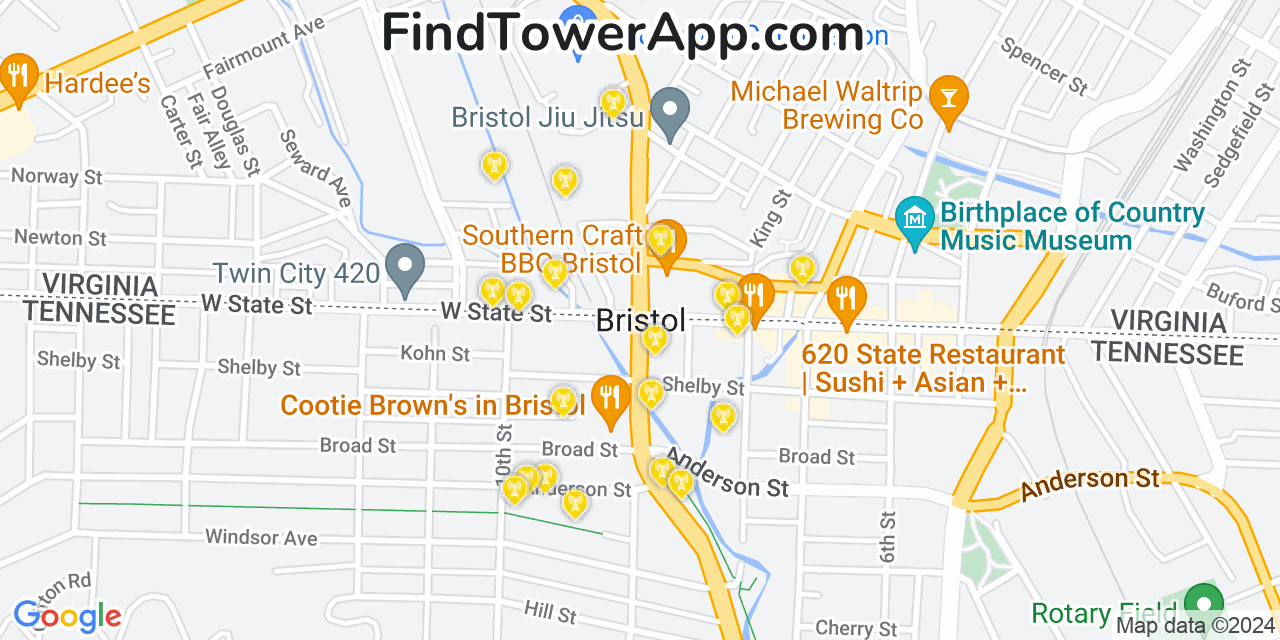 AT&T 4G/5G cell tower coverage map Bristol, Tennessee