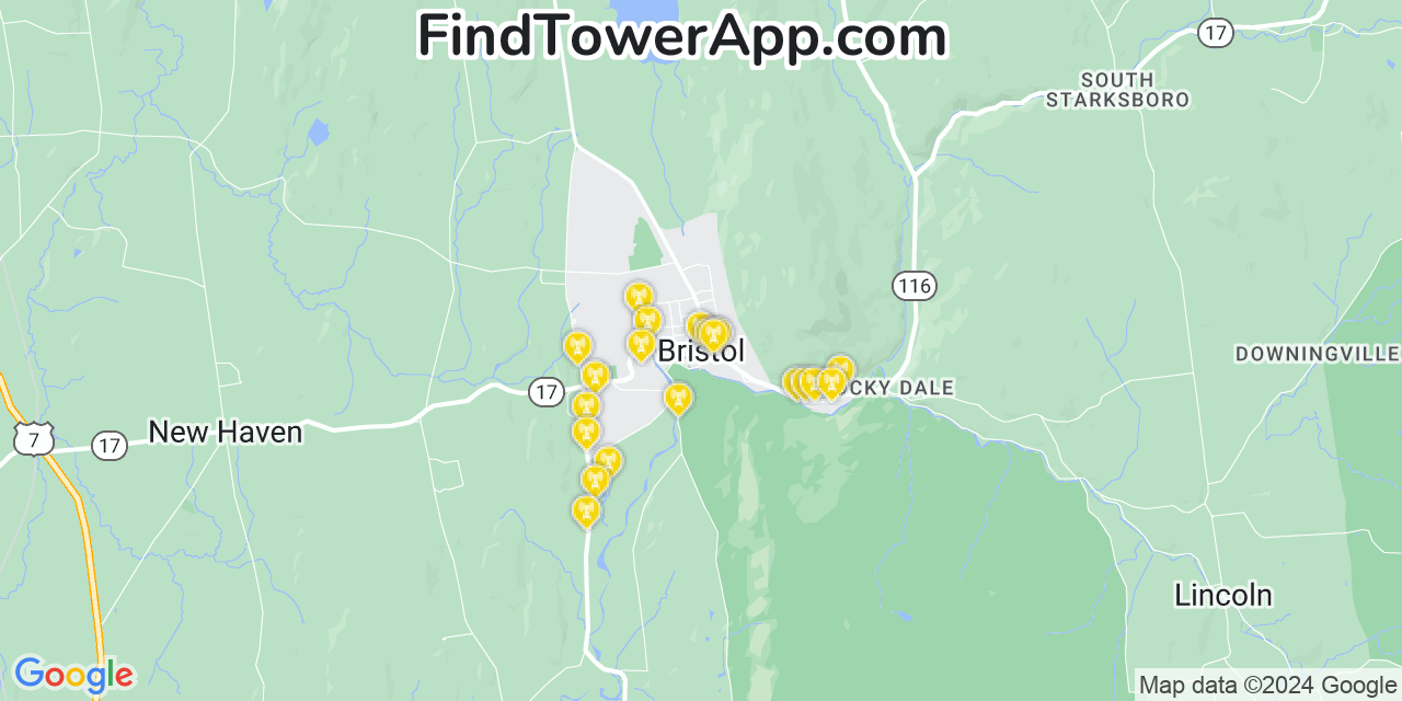 AT&T 4G/5G cell tower coverage map Bristol, Vermont