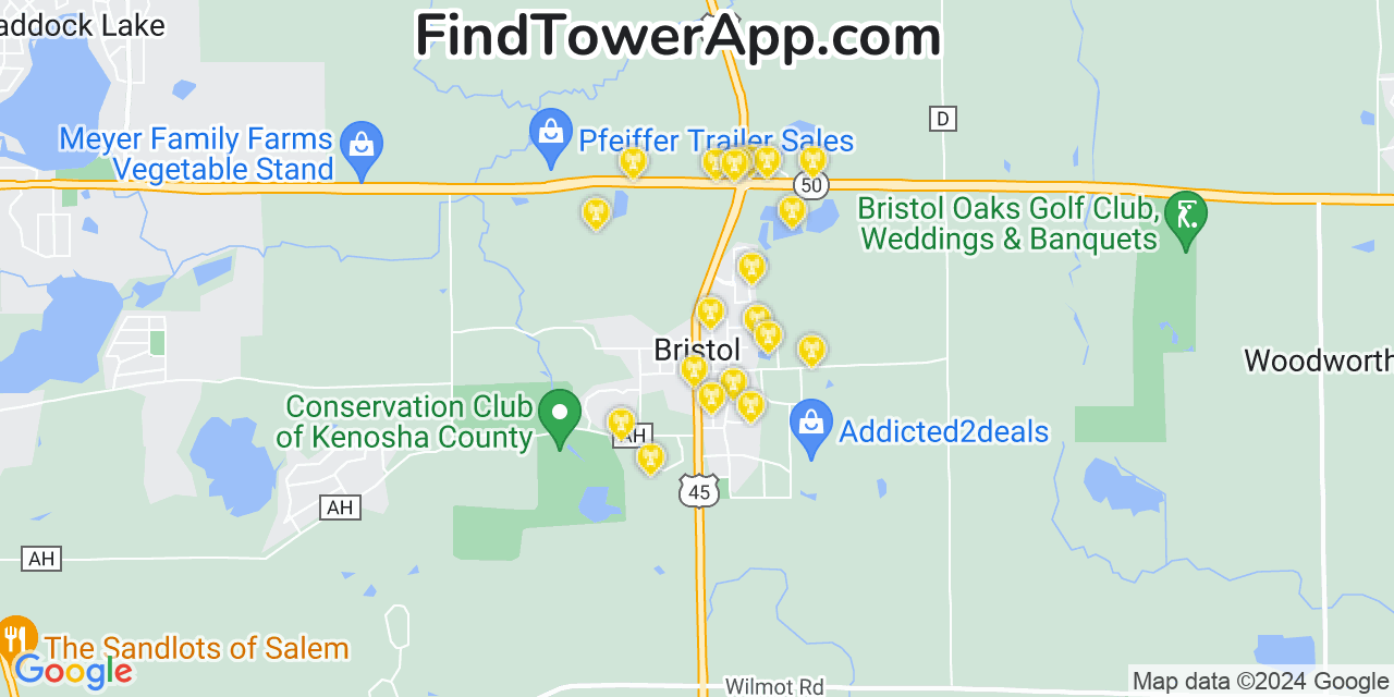 AT&T 4G/5G cell tower coverage map Bristol, Wisconsin