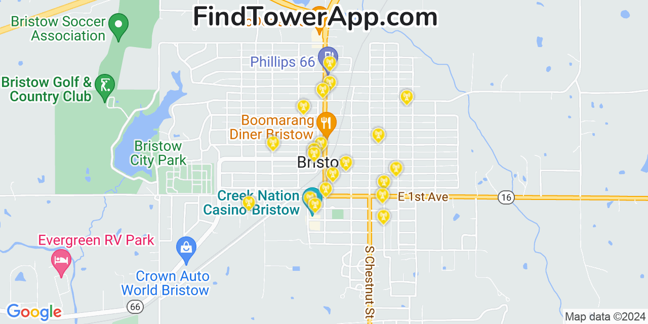 AT&T 4G/5G cell tower coverage map Bristow, Oklahoma