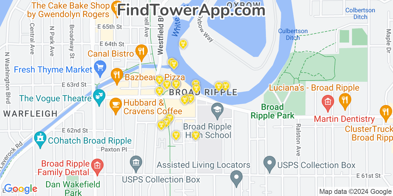 AT&T 4G/5G cell tower coverage map Broad Ripple, Indiana