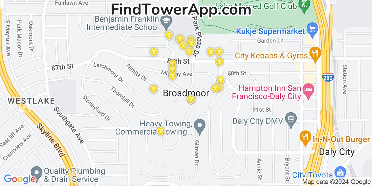 AT&T 4G/5G cell tower coverage map Broadmoor, California