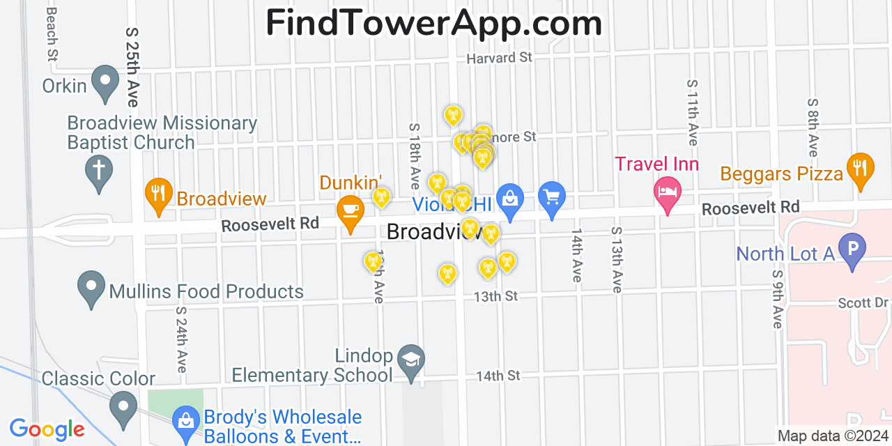 AT&T 4G/5G cell tower coverage map Broadview, Illinois