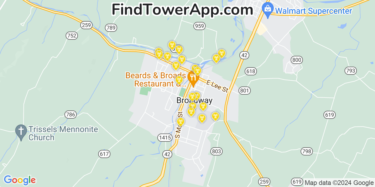 AT&T 4G/5G cell tower coverage map Broadway, Virginia