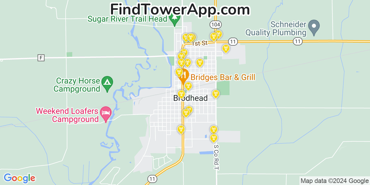 AT&T 4G/5G cell tower coverage map Brodhead, Wisconsin