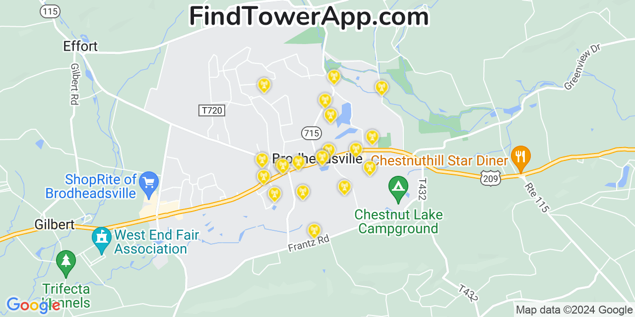 AT&T 4G/5G cell tower coverage map Brodheadsville, Pennsylvania