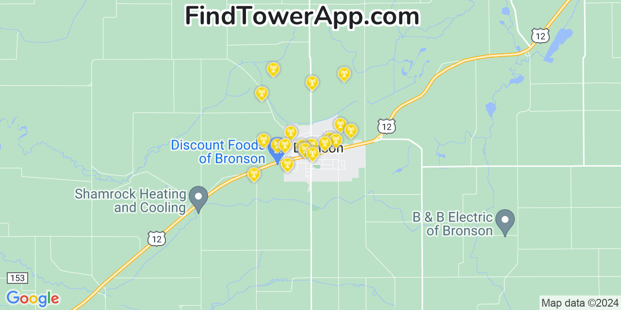 AT&T 4G/5G cell tower coverage map Bronson, Michigan