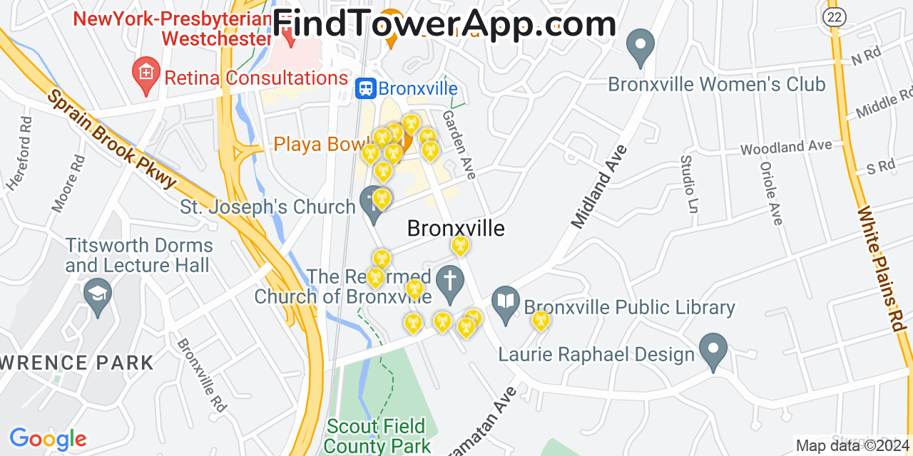 AT&T 4G/5G cell tower coverage map Bronxville, New York