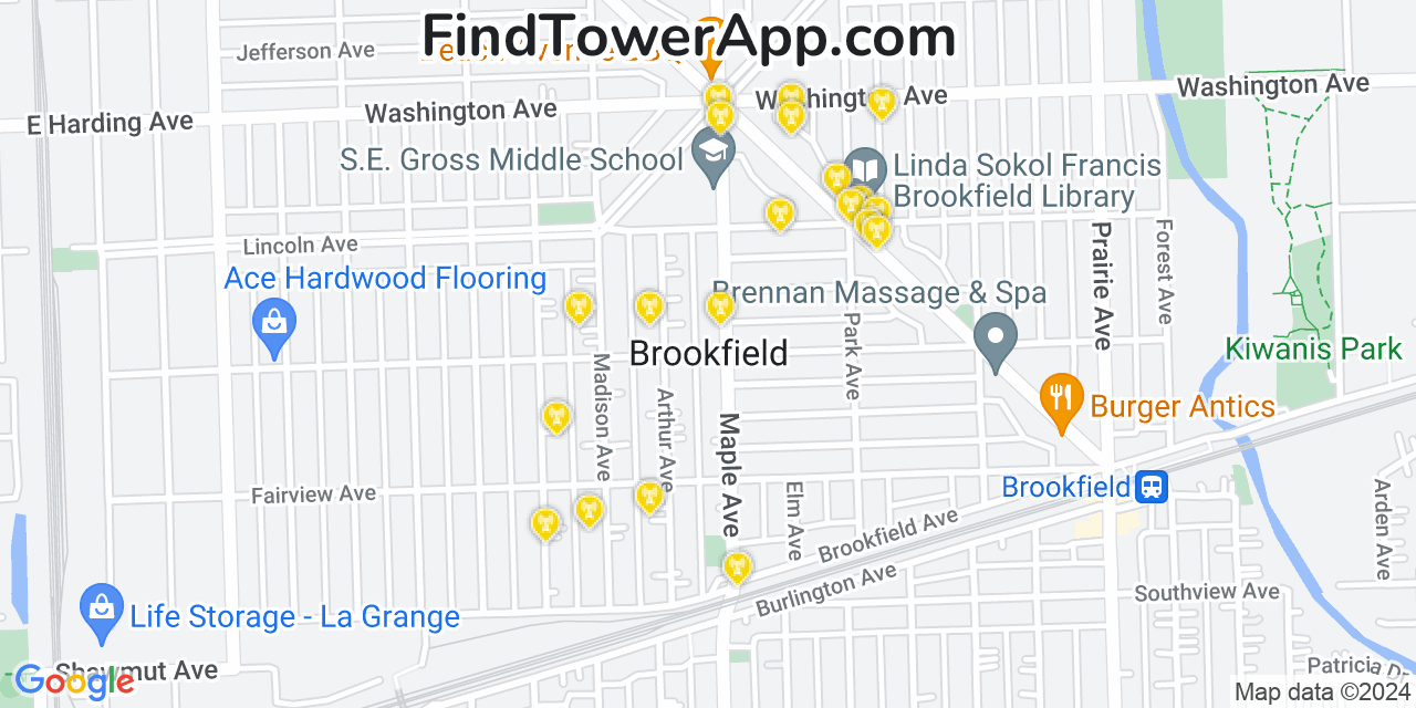 AT&T 4G/5G cell tower coverage map Brookfield, Illinois