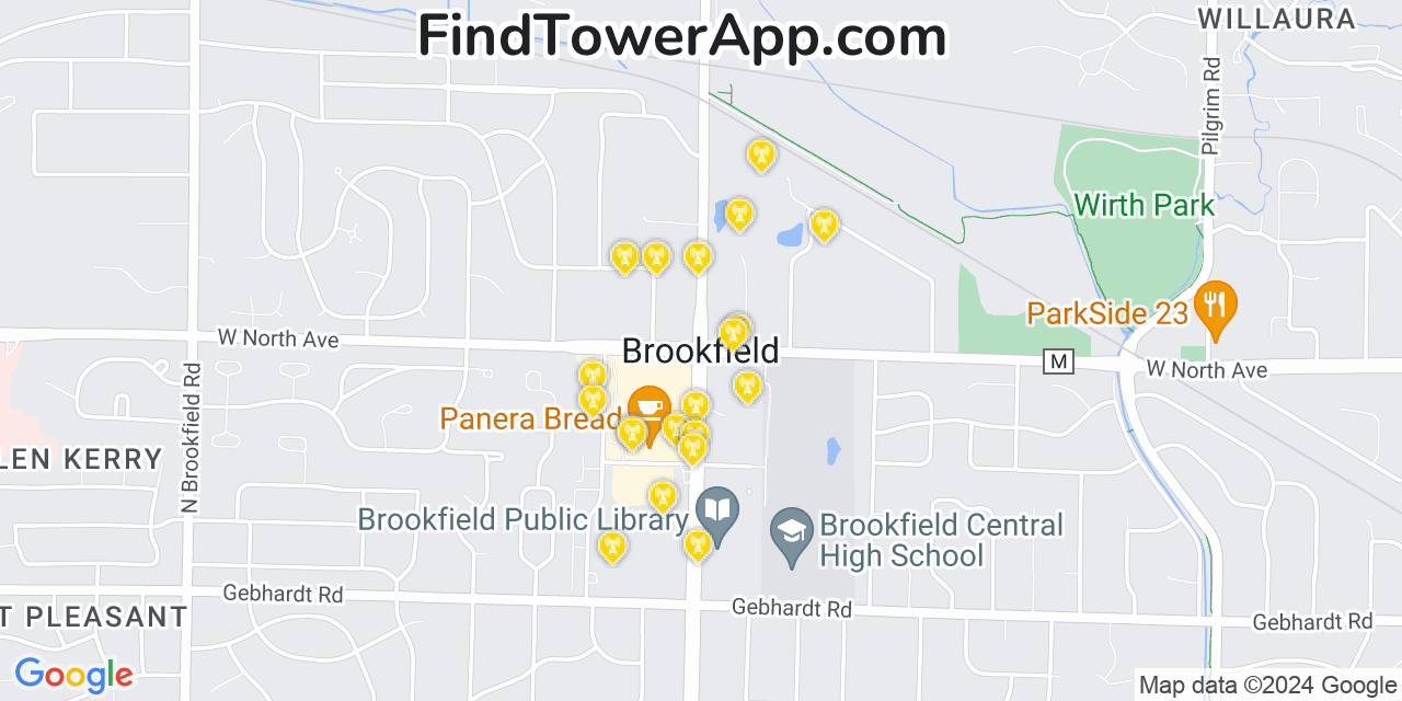 AT&T 4G/5G cell tower coverage map Brookfield, Wisconsin