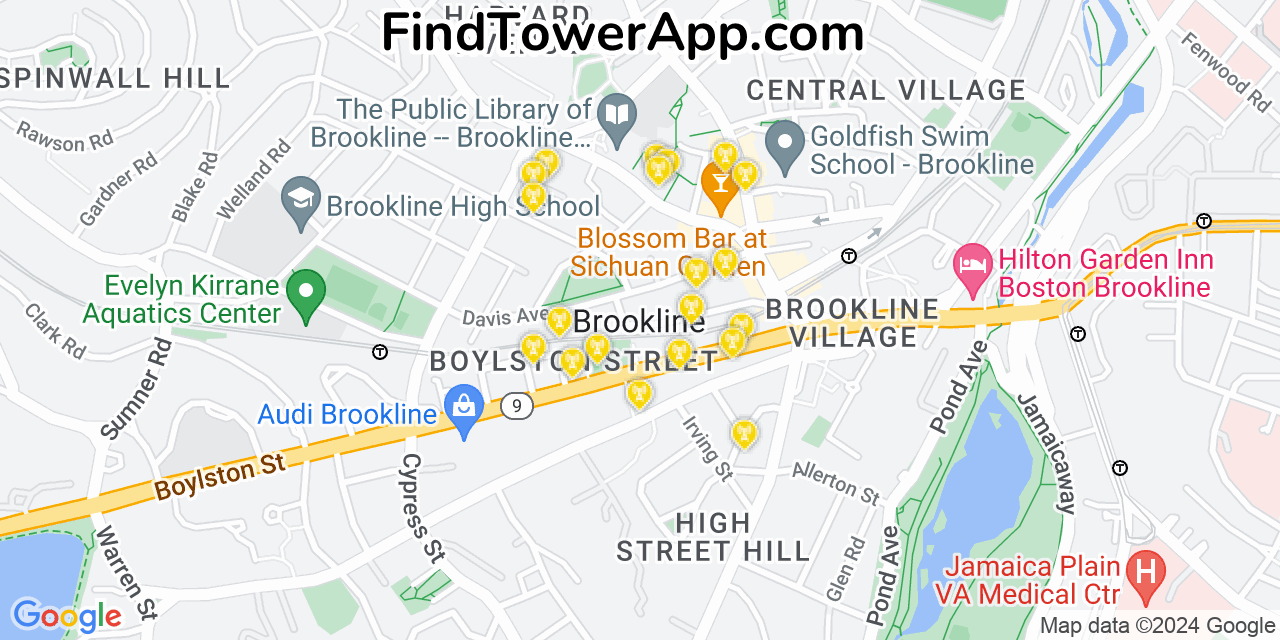 AT&T 4G/5G cell tower coverage map Brookline, Massachusetts