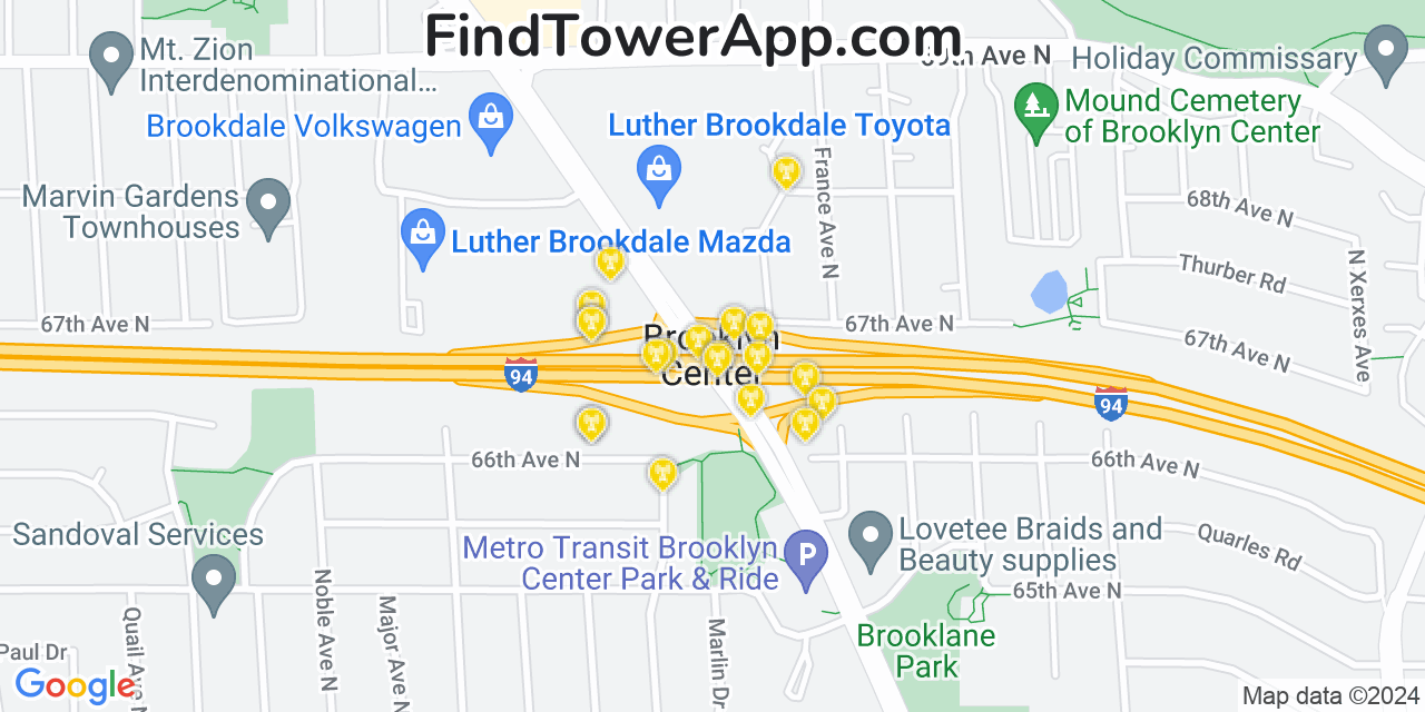 AT&T 4G/5G cell tower coverage map Brooklyn Center, Minnesota