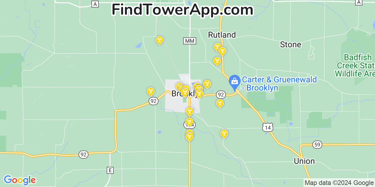 AT&T 4G/5G cell tower coverage map Brooklyn, Wisconsin