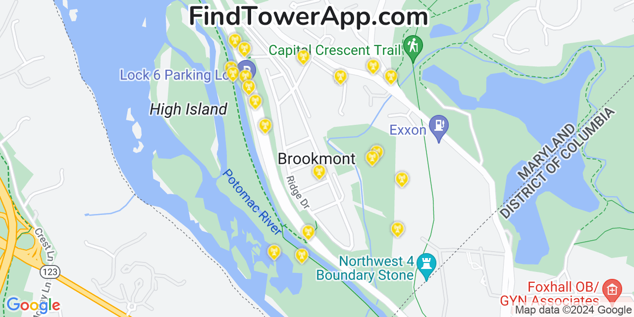Verizon 4G/5G cell tower coverage map Brookmont, Maryland