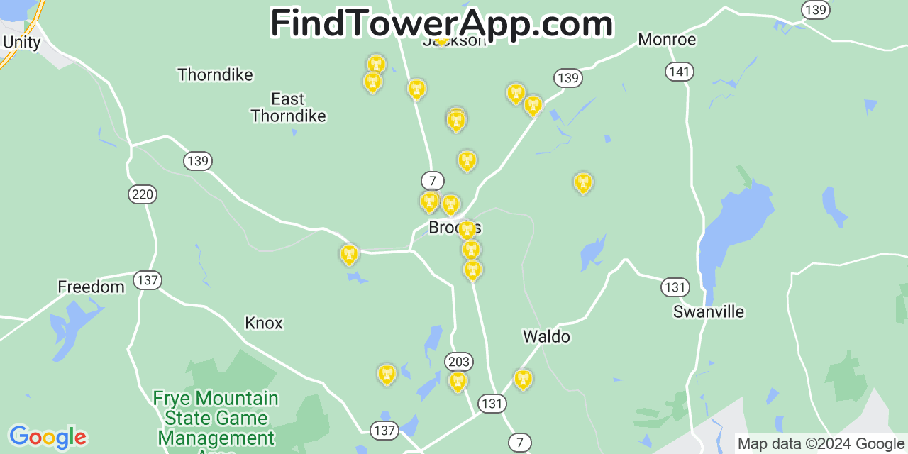 AT&T 4G/5G cell tower coverage map Brooks, Maine