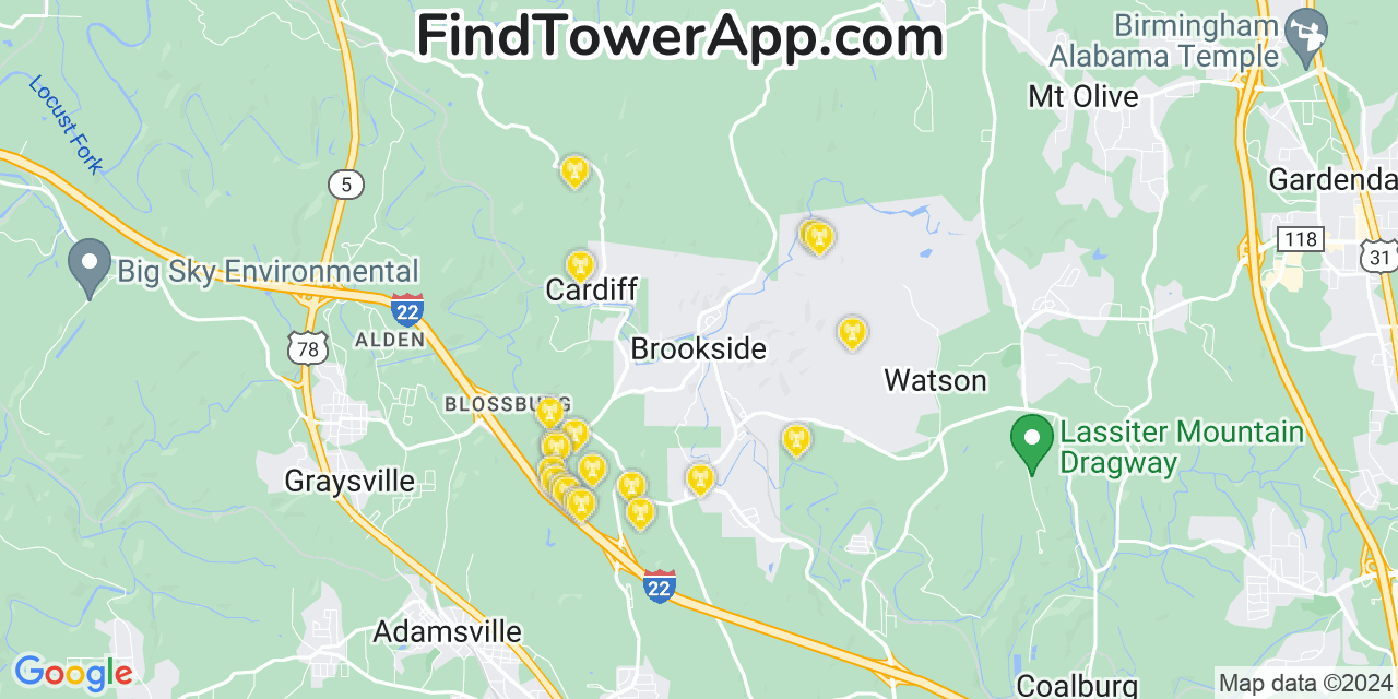 AT&T 4G/5G cell tower coverage map Brookside, Alabama