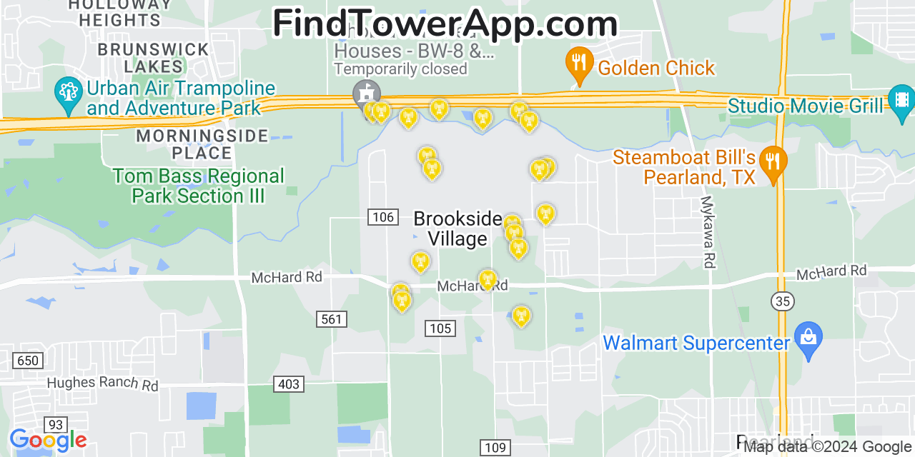 Verizon 4G/5G cell tower coverage map Brookside Village, Texas