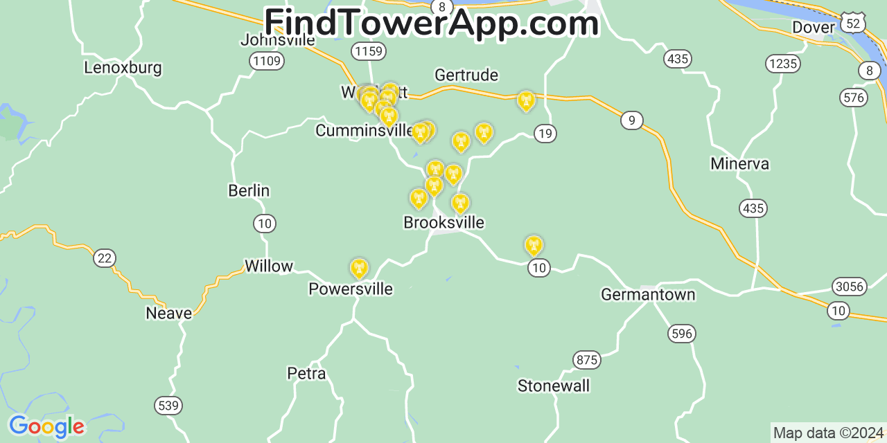 AT&T 4G/5G cell tower coverage map Brooksville, Kentucky