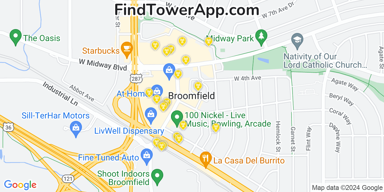 AT&T 4G/5G cell tower coverage map Broomfield, Colorado