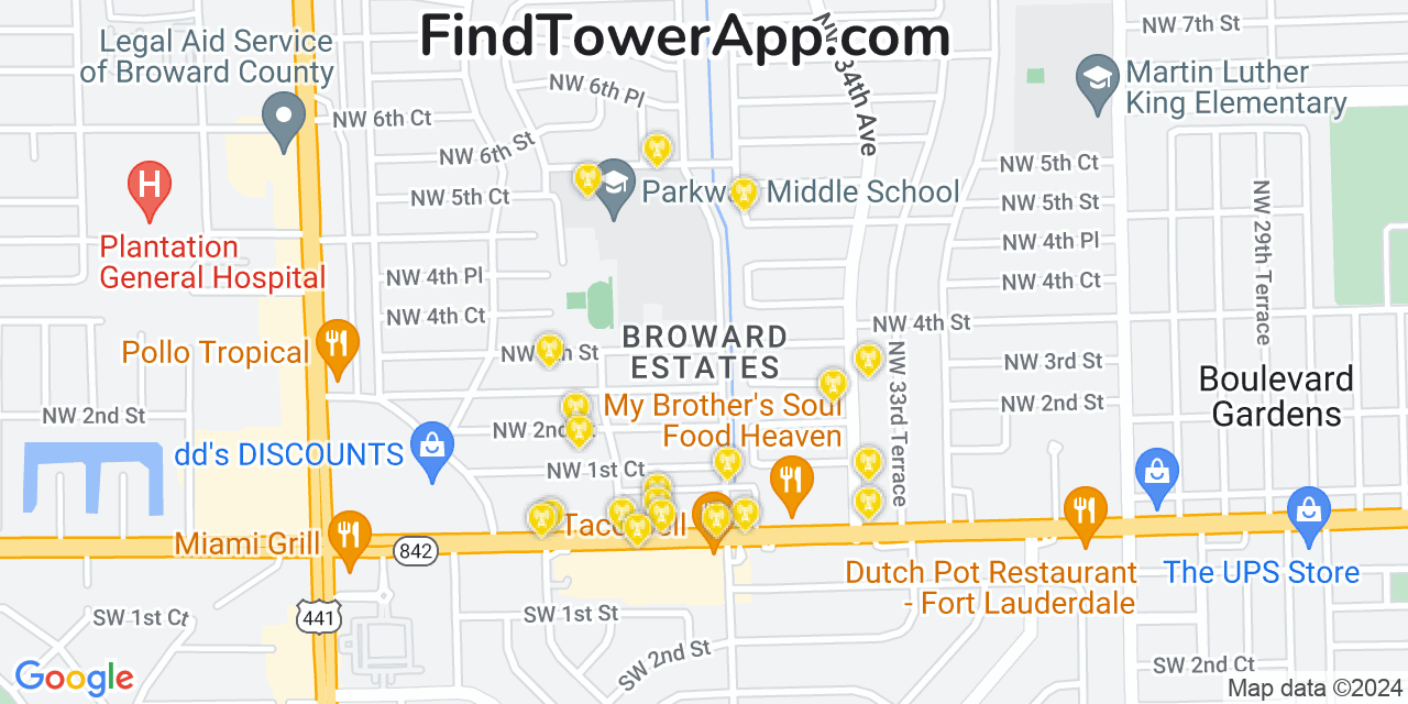 AT&T 4G/5G cell tower coverage map Broward Estates, Florida