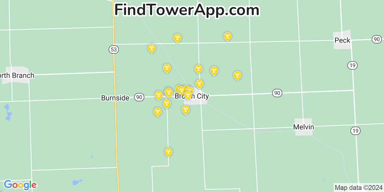 AT&T 4G/5G cell tower coverage map Brown City, Michigan