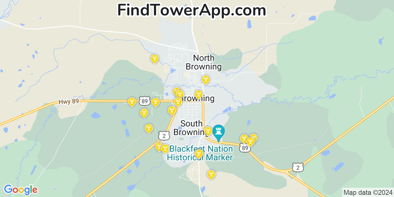 AT&T 4G/5G cell tower coverage map Browning, Montana