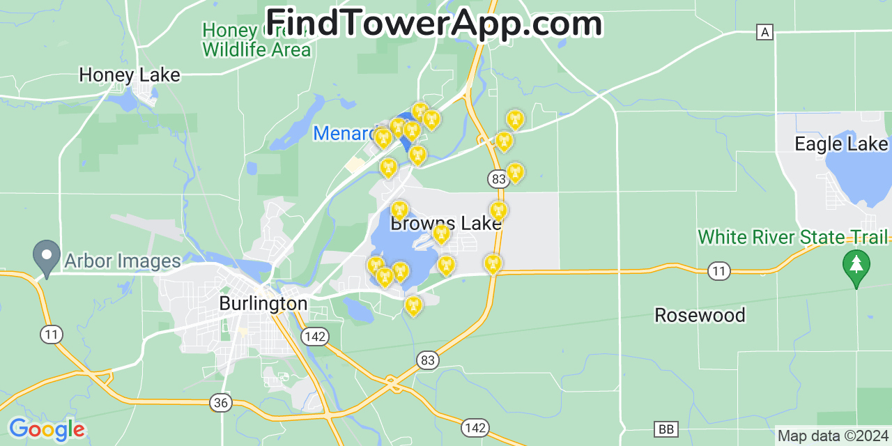 AT&T 4G/5G cell tower coverage map Browns Lake, Wisconsin