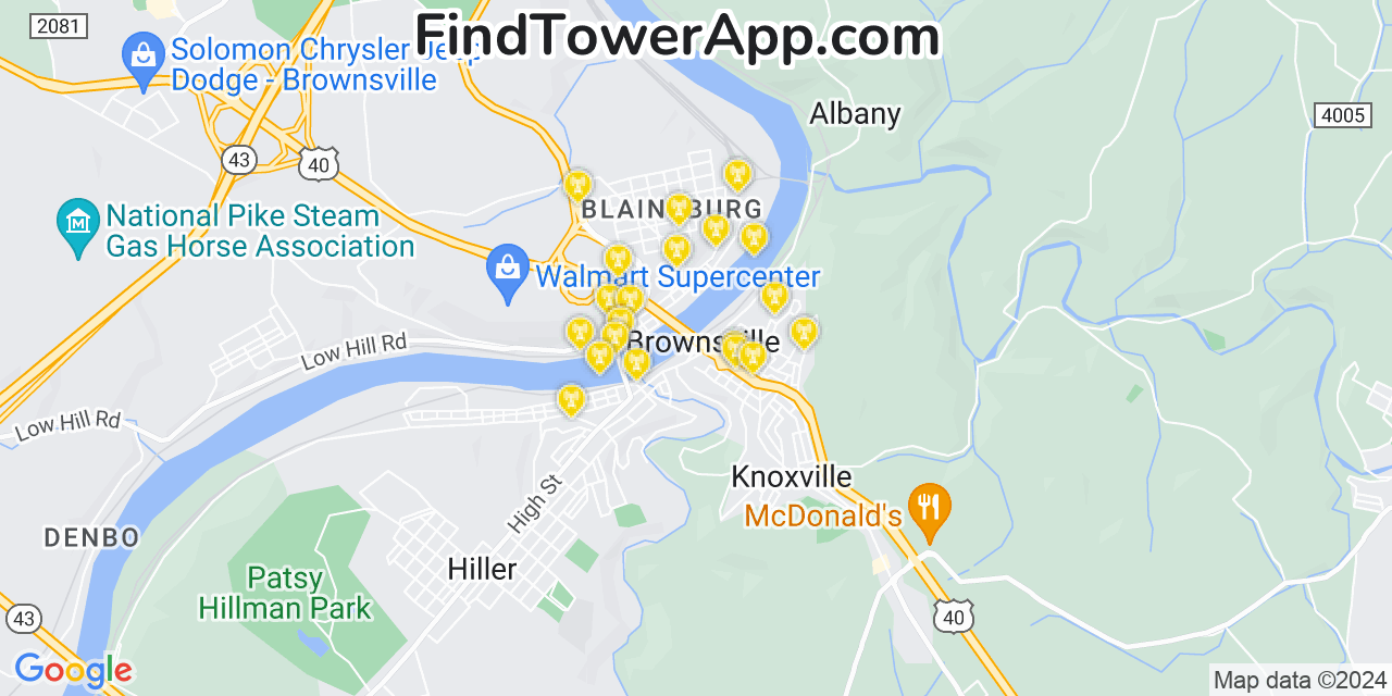 AT&T 4G/5G cell tower coverage map Brownsville, Pennsylvania