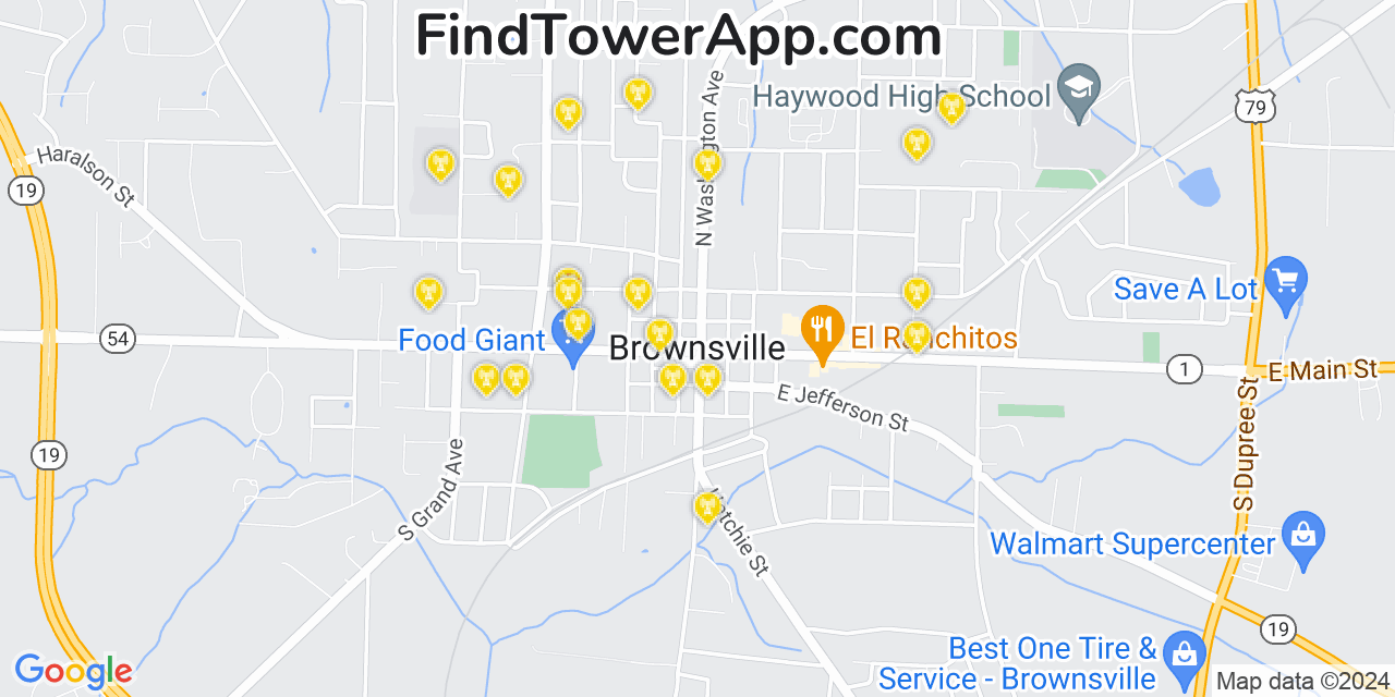 AT&T 4G/5G cell tower coverage map Brownsville, Tennessee
