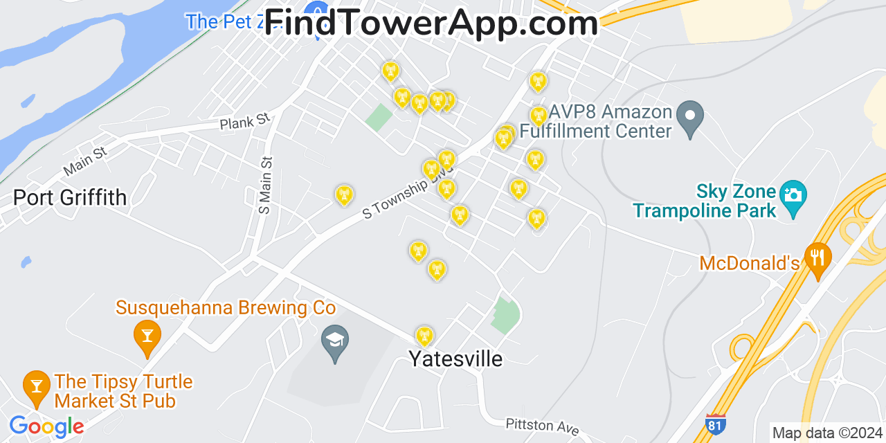 AT&T 4G/5G cell tower coverage map Browntown, Pennsylvania
