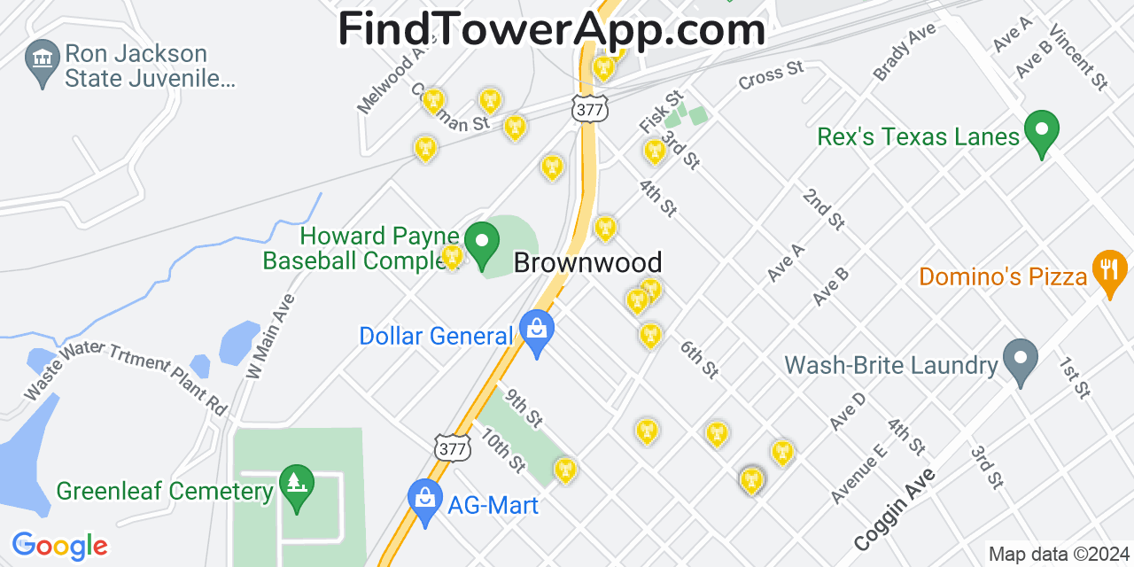 AT&T 4G/5G cell tower coverage map Brownwood, Texas